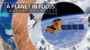 Thumbnail for the Landsat 7 tribute video featuring the satellite 3D model orbiting Earth, and two large circles with Landsat 7 images inside.